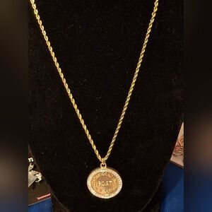 G.O.A.T. Medallion Rhinestone Disc Pendant 14kt Gold Plated Rope 18" Necklace